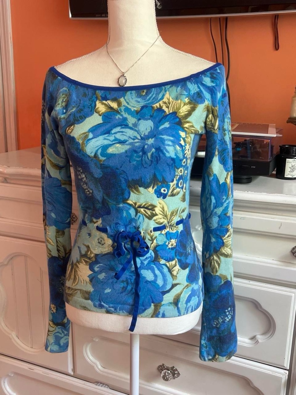 Blue Floral Off-Shoulder Drawstring Long Sleeve Top